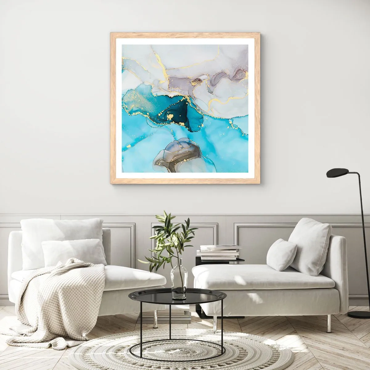 Poszter világos tölgy keretben - Tanulmány a szürke és a türkiz találkozásáról - 50x50 cm