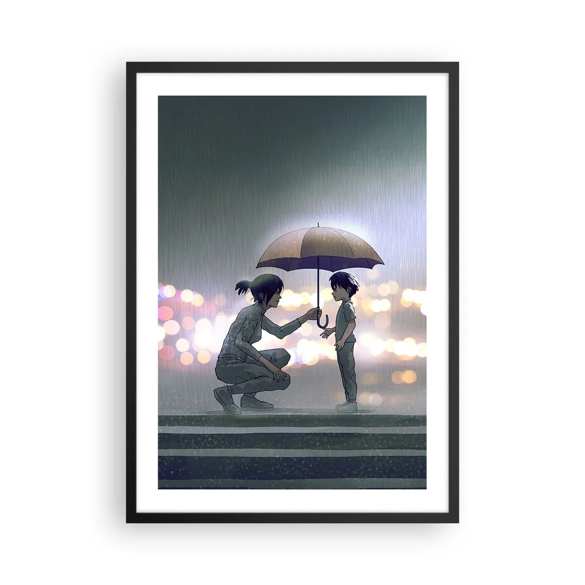 Poszter fehér keretben - Egy felnőtt esernyőt nyújt egy gyermeknek esős háttér előtt - 50x70cm - És most minden rendben - Modern fali dekoráció nappalihoz és hálószobához ARTTOR