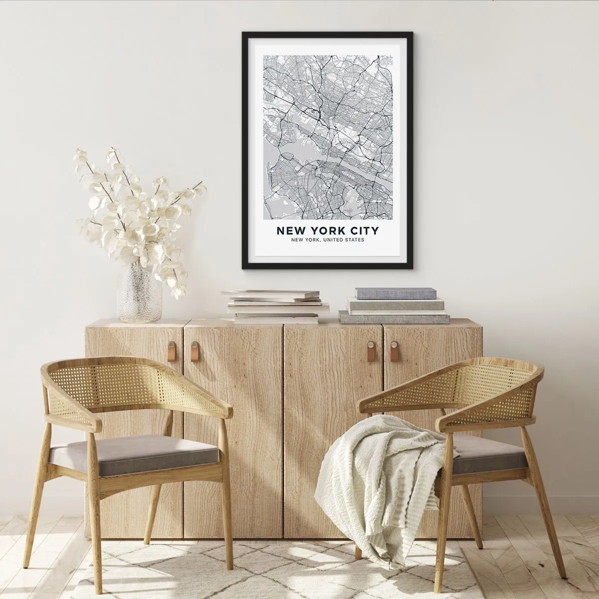 Poszter fehér keretben - Egy minimalista New York-i térkép - 50x70cm - Metropolisz anatómiája - Modern fali dekoráció nappalihoz és hálószobához ARTTOR