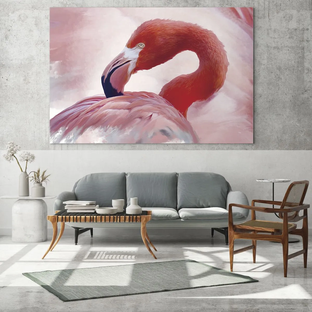 Üveg kép - Egy rózsaszín flamingó kecsesen oldalra fordul - 70x50cm - Madári szépség - Modern fali dekoráció nappalihoz és hálószobához ARTTOR