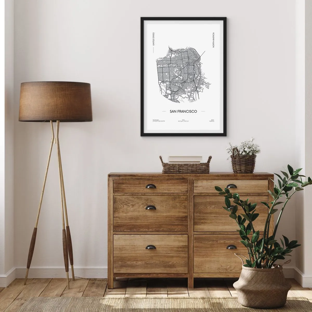 Poszter fehér keretben - San Francisco minimalista térképe fekete-fehérben. - 50x70cm - San Francisco anatómiája - Modern fali dekoráció nappalihoz és hálószobához ARTTOR