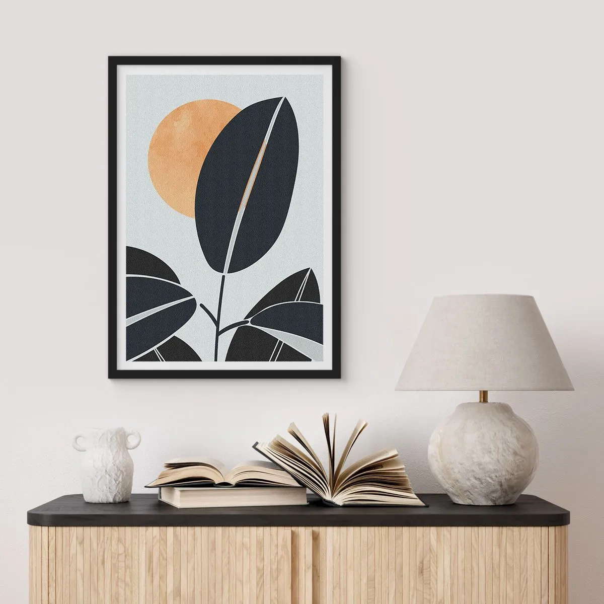 Poszter fehér keretben - Minimalista kompozíció levelekből a nap hátterében - 50x70cm - Egy forró nyári nap - Modern fali dekoráció nappalihoz és hálószobához ARTTOR