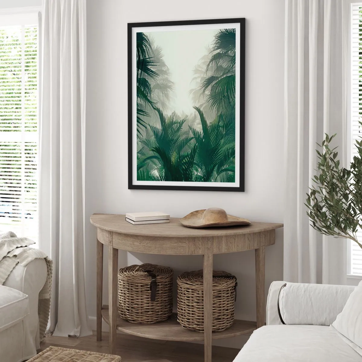 Poszter fehér keretben - Trópusi növényzet ködös környezetben - 50x70cm - Trópusi titok - Modern fali dekoráció nappalihoz és hálószobához ARTTOR