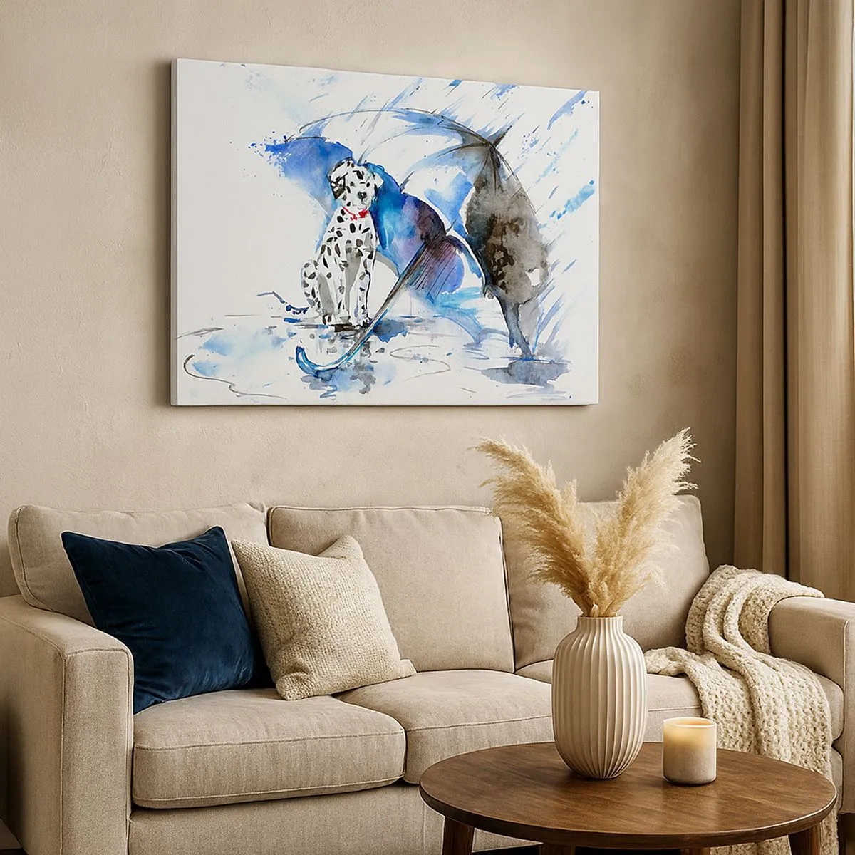 Vászonkép - Akvarell festmény egy dalmát kutyáról, esernyővel a háttérben - 70x50cm - Erre való a barát - Modern fali dekoráció nappalihoz és hálószobához ARTTOR