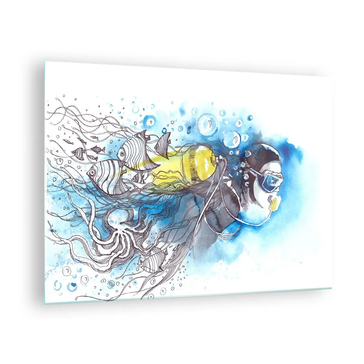 Üveg kép - Búvár víz alatti halakkal művészi akvarellben - 70x50cm - Nagy kék - Modern fali dekoráció nappalihoz és hálószobához ARTTOR