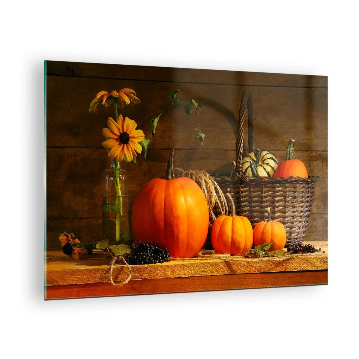 Üveg kép - Őszi csendélet tökökkel és virágokkal - 70x50cm - Rusztikus kompozíció - őszi ajándékok - Modern fali dekoráció nappalihoz és hálószobához ARTTOR