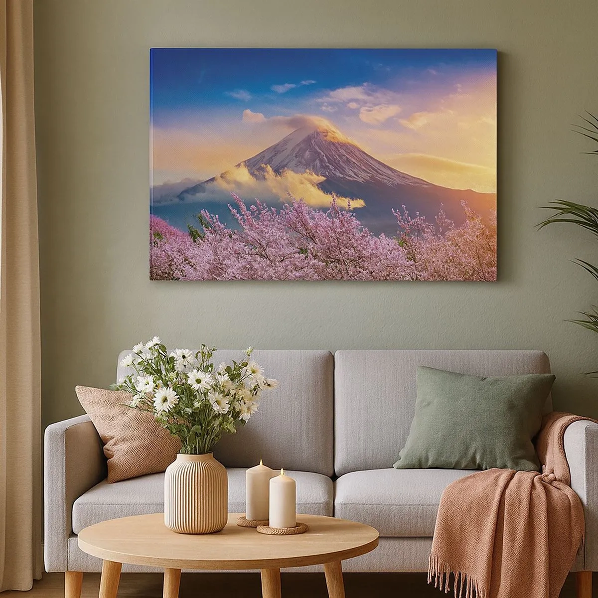 Vászonkép - Fuji-hegy cseresznyevirágzással a háttérben naplementekor - 70x50cm - Japán szentség - Modern fali dekoráció nappalihoz és hálószobához ARTTOR