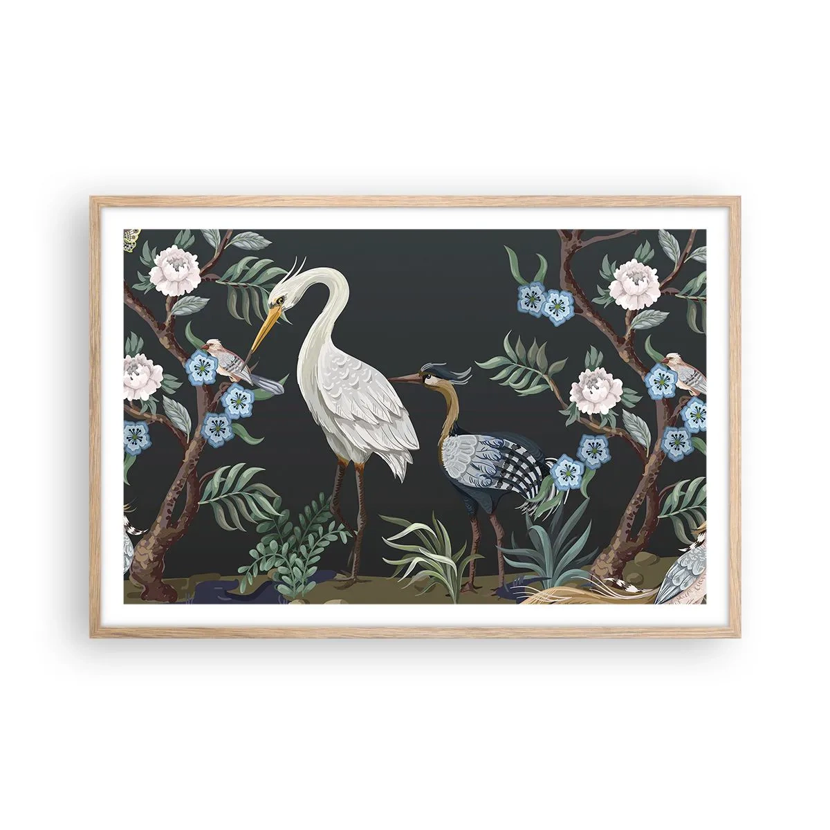 Poszter világos tölgy keretben - Madar parádé - 91x61 cm