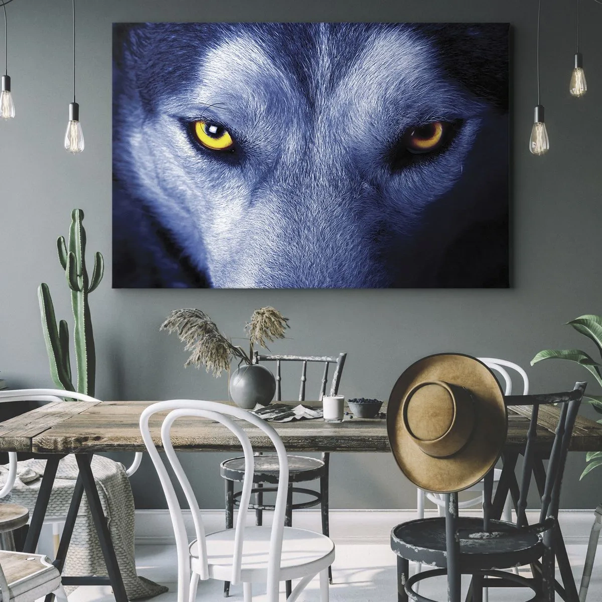 Vászonkép - Közeli kép egy farkas intenzív tekintetéről sötét háttér előtt - 70x50cm - Hipnotizáló nézés - Modern fali dekoráció nappalihoz és hálószobához ARTTOR