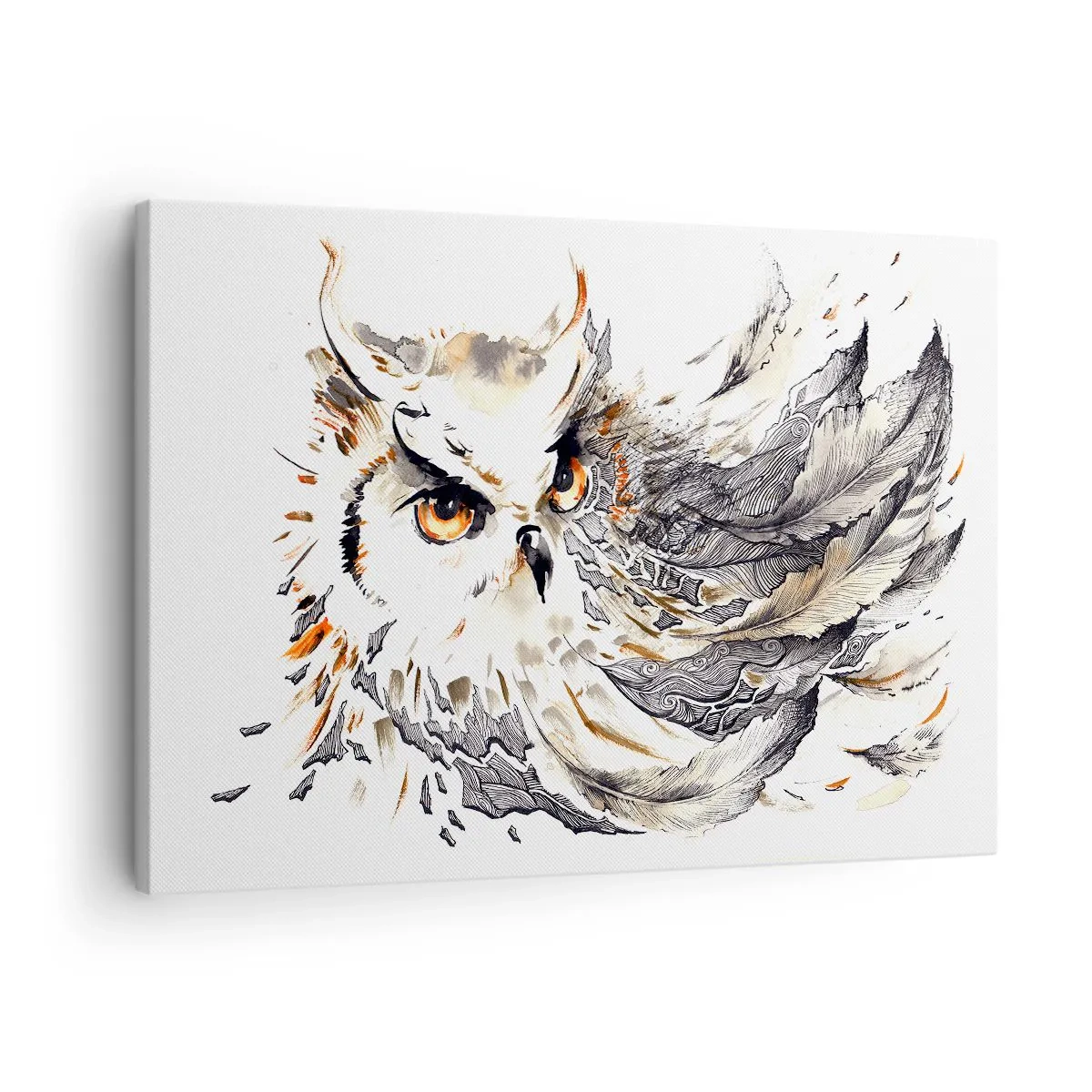 Vászonkép - Egy bagoly misztikus tollakkal művészi akvarell formában - 70x50cm - A mágia világából jött - Modern fali dekoráció nappalihoz és hálószobához ARTTOR