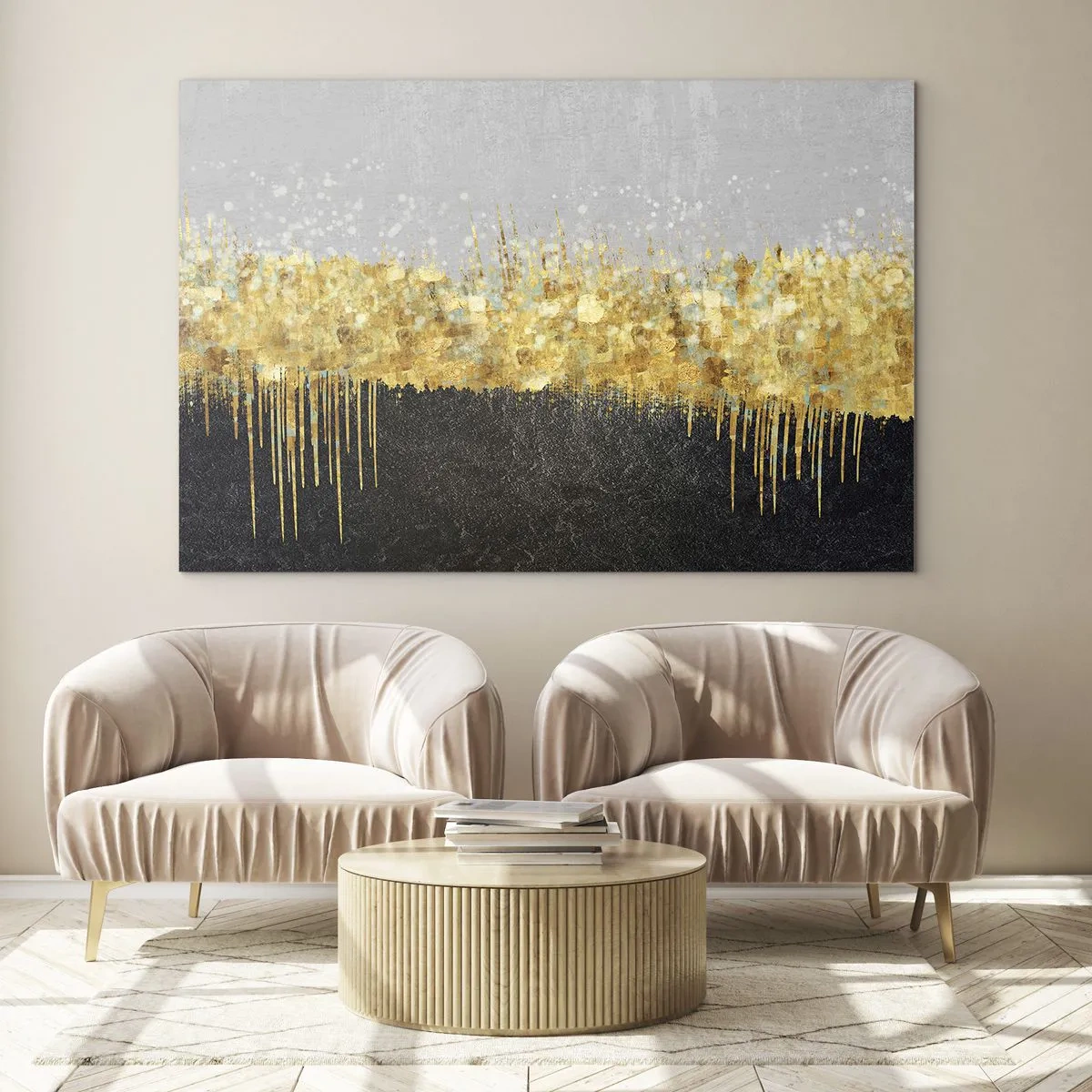 Üveg kép - Arany absztrakció fekete és szürke kontraszttal - 70x50cm - Befelé és felfelé - Modern fali dekoráció nappalihoz és hálószobához ARTTOR