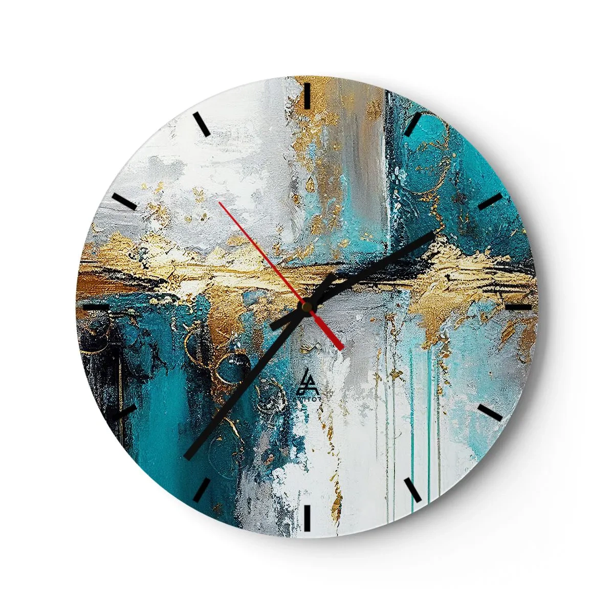 Falióra, Óra - Absztrakt ecsetvonások türkiz, fehér és arany színben - 30x30cm - Minden áramlik - Modern fali dekoráció nappalihoz, konyhához és hálószobához ARTTOR