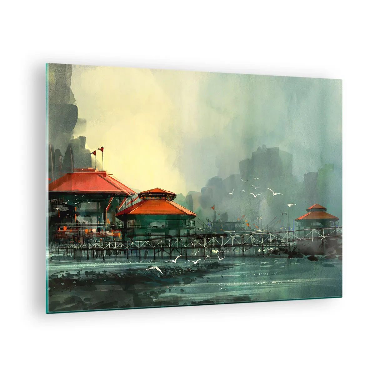 Üveg kép - Piros tetős kikötői épületek a ködben - 70x50cm - Napsütéses nap a kikötőben - Modern fali dekoráció nappalihoz és hálószobához ARTTOR