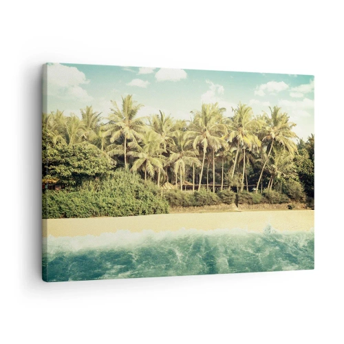 Vászonkép - Trópusi strand pálmafákkal és türkizkék tengerrel - 70x50cm - Talán itt? - Modern fali dekoráció nappalihoz és hálószobához ARTTOR