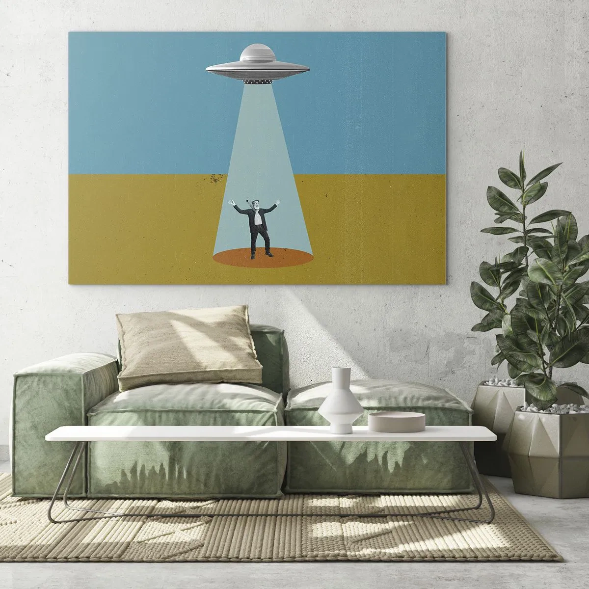Üveg kép - Egy férfi egy űrcsészealj fényében, színes háttér előtt - 70x50cm - Közeli találkozás - Modern fali dekoráció nappalihoz és hálószobához ARTTOR