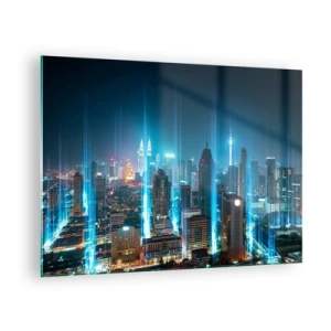 Üveg kép - Egy éjszakai város magas épületekkel és fénycsíkokkal - 70x50cm - Mennyországba Berlini módszerrel - Modern fali dekoráció nappalihoz és hálószobához ARTTOR