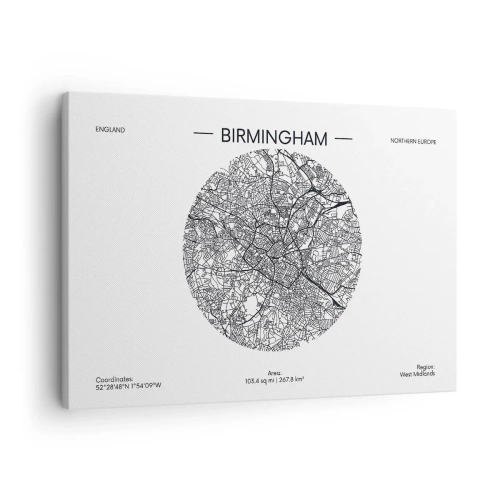 Vászonkép - Birmingham minimalista fekete-fehér térképe precíz részletekkel. - 70x50cm - Birmingham anatómiája - Modern fali dekoráció nappalihoz és hálószobához ARTTOR