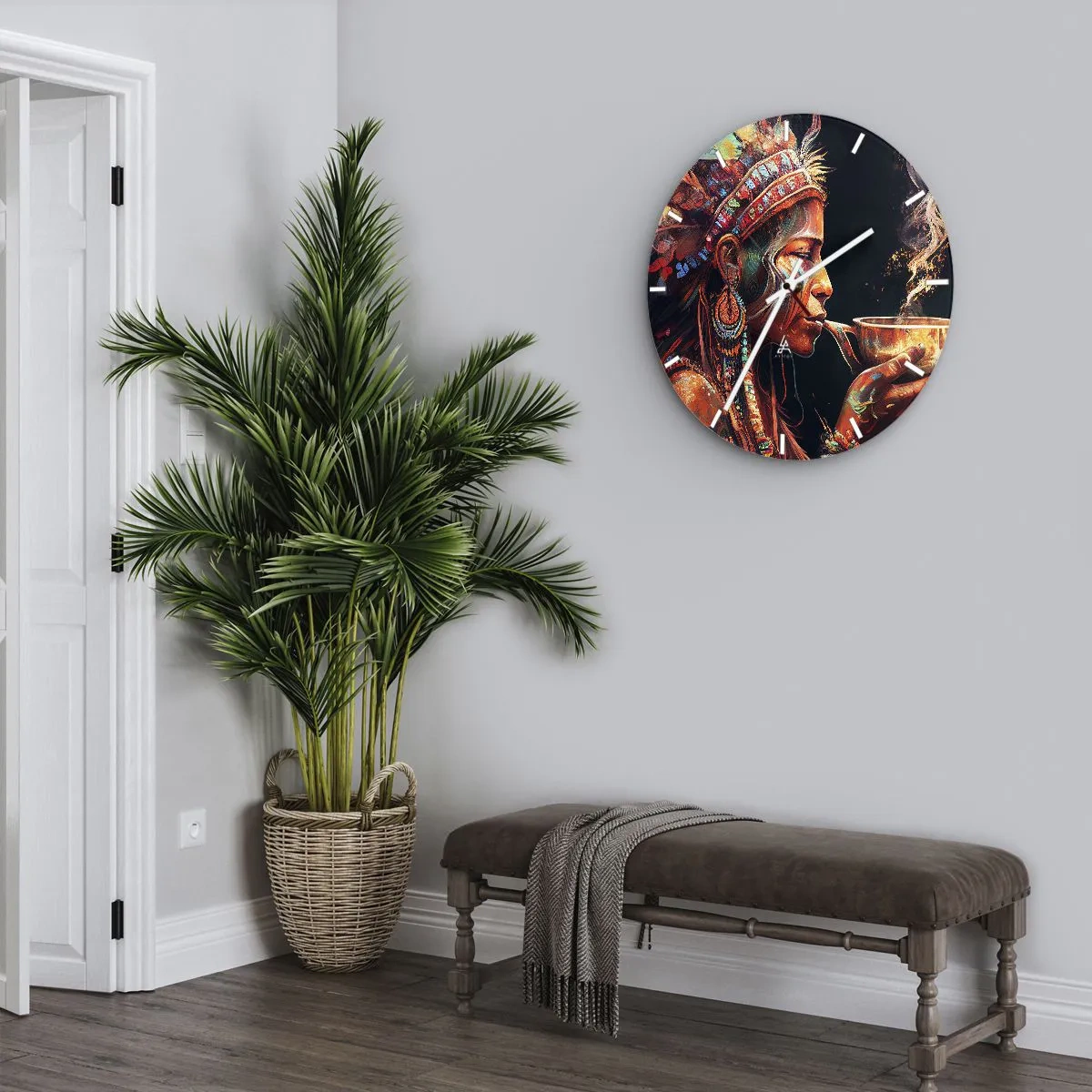 Falióra, Óra - Egy színes portré egy nőről tollas fejdísszel egy rituálé során. - 30x30cm - Egy varázslatos rituálé - Modern fali dekoráció nappalihoz, konyhához és hálószobához ARTTOR