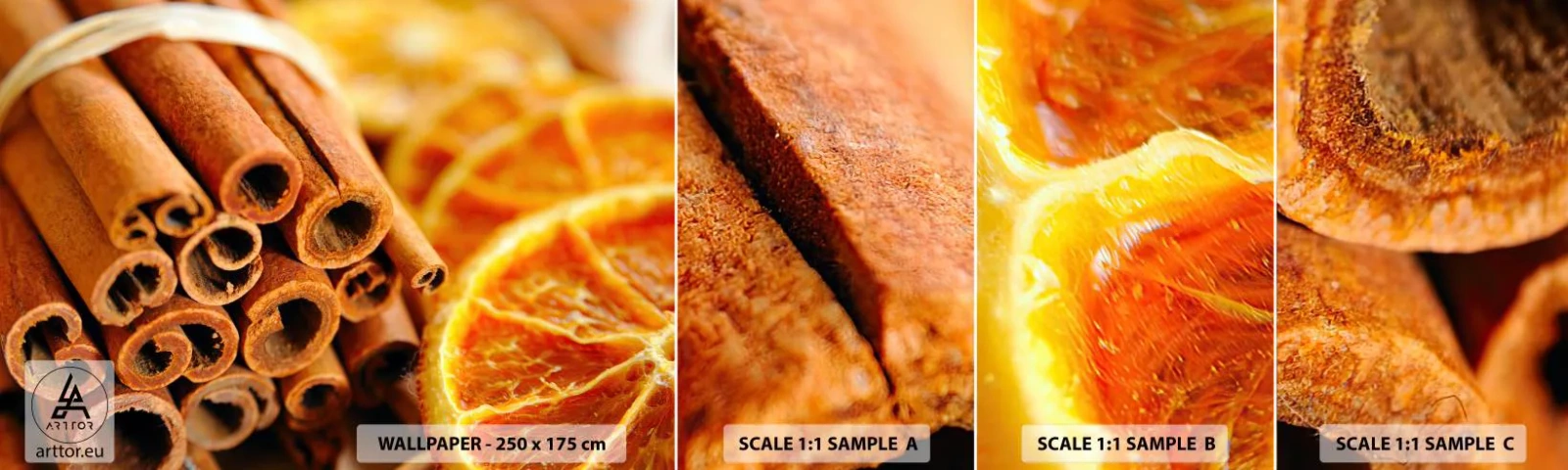 Fotótapéta Minta Standard Eco - Érzed az aromát? - narancs, Fahéj rúd, Fűszerek - 100x30 cm