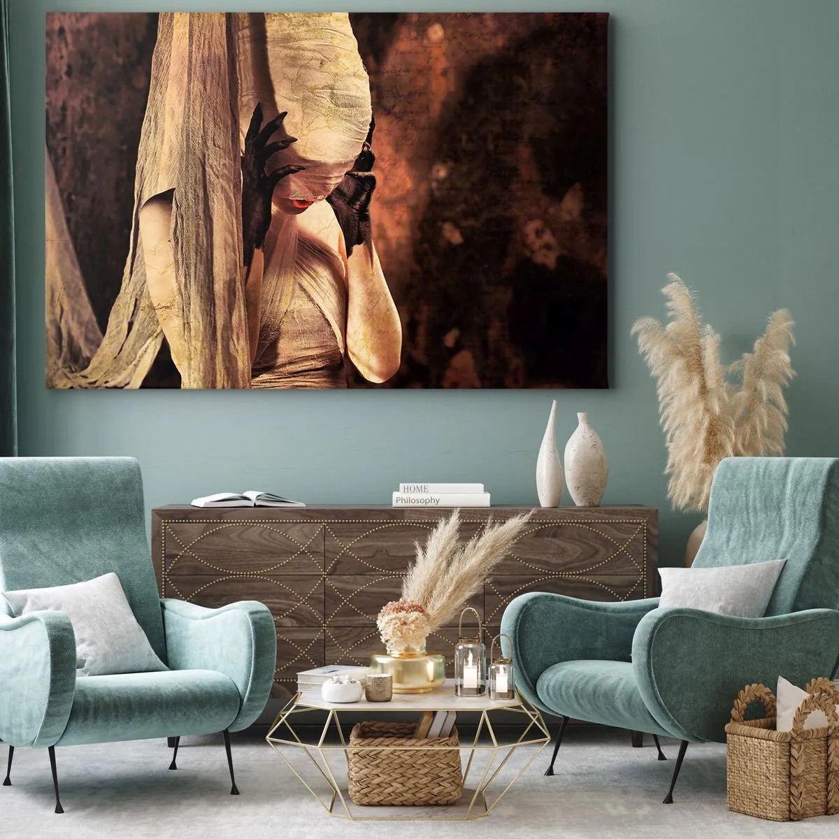 Vászonkép - Egy nő fátyolban, titokzatos stílusban, sötét háttér előtt - 70x50cm - A jó és a rossz között - Modern fali dekoráció nappalihoz és hálószobához ARTTOR
