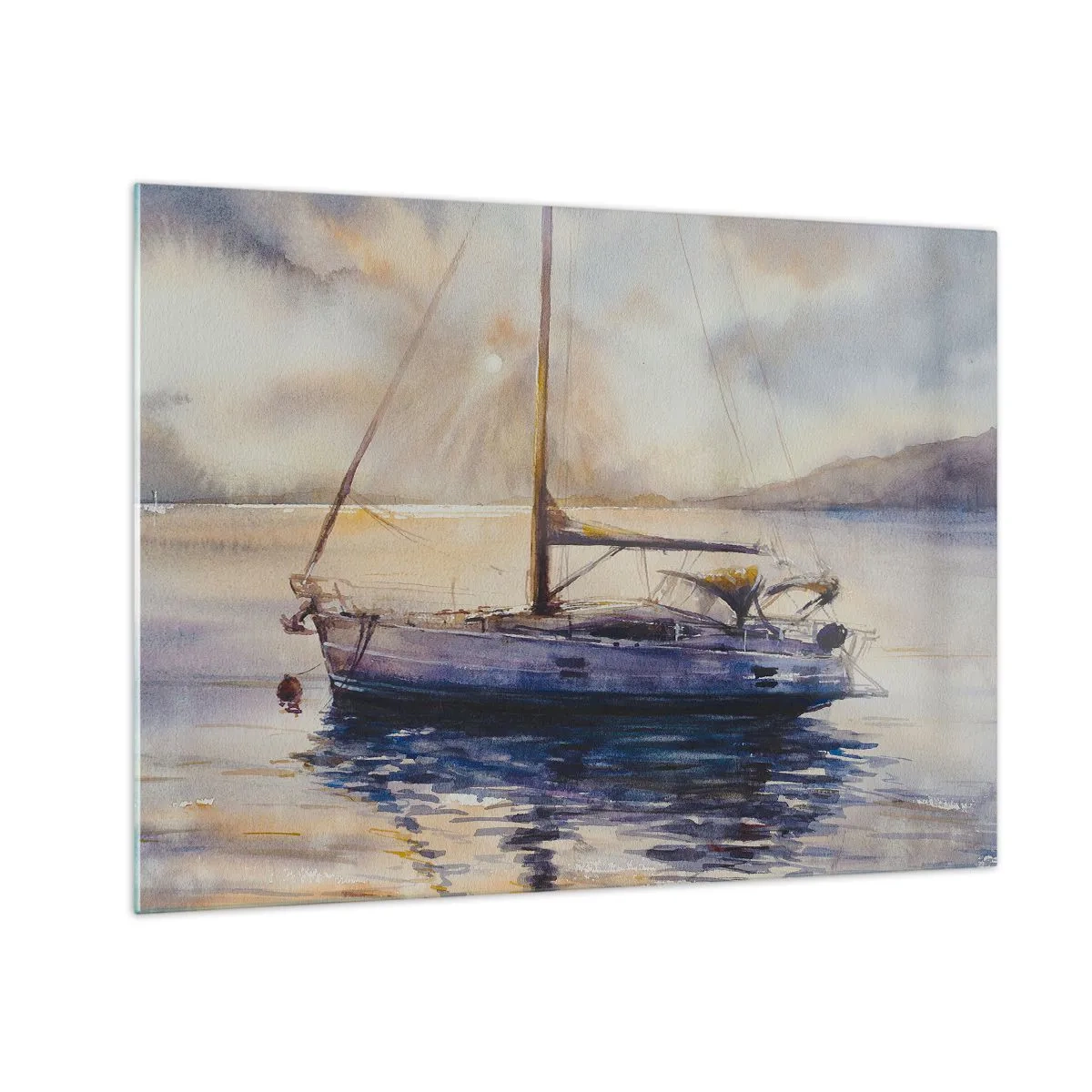 Üveg kép - Egy jacht kikötve egy csendes öbölben alkonyatkor - 70x50cm - Este az öbölben - Modern fali dekoráció nappalihoz és hálószobához ARTTOR