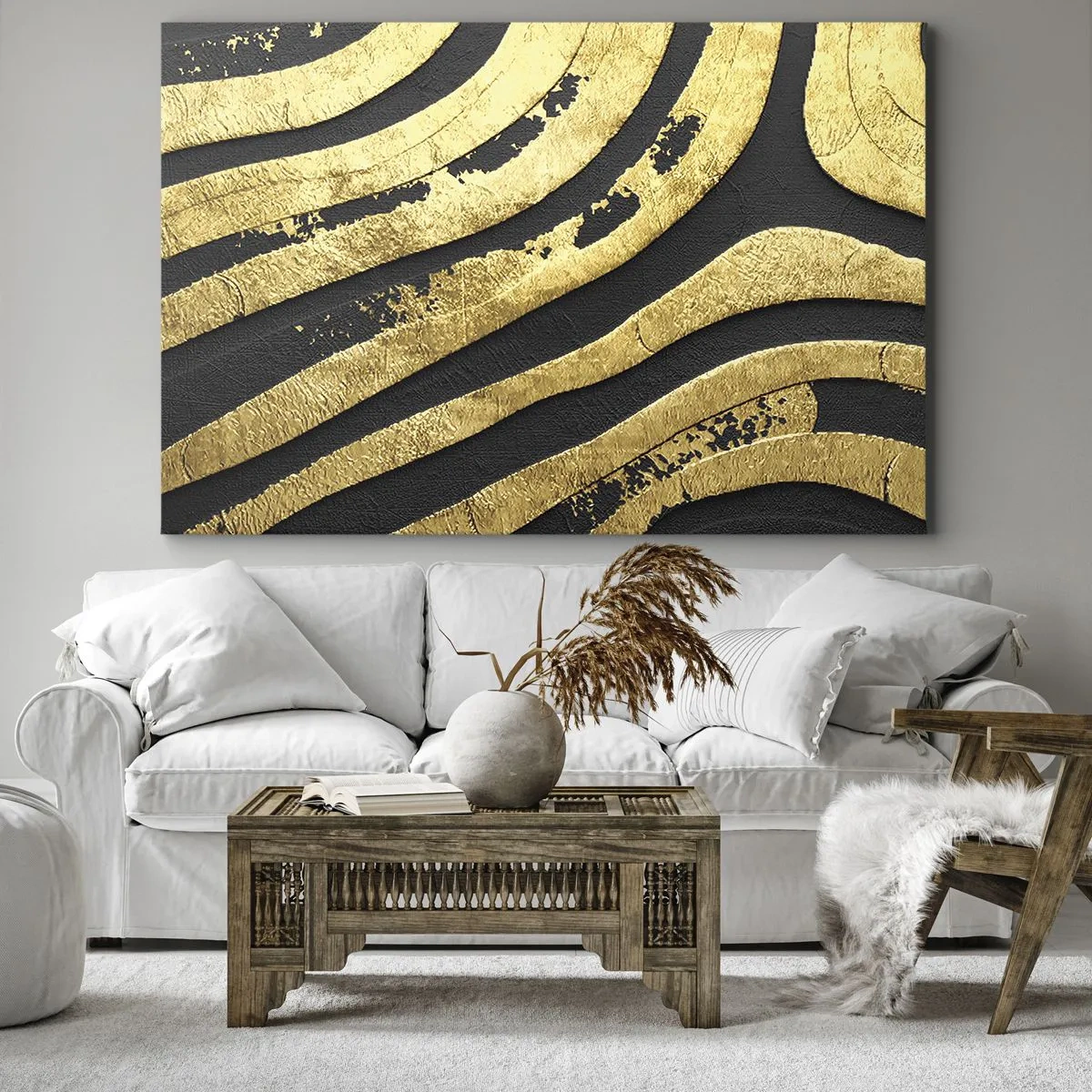 Vászonkép - Arany absztrakt hullámok fekete háttéren - 70x50cm - Minden folyik - Modern fali dekoráció nappalihoz és hálószobához ARTTOR