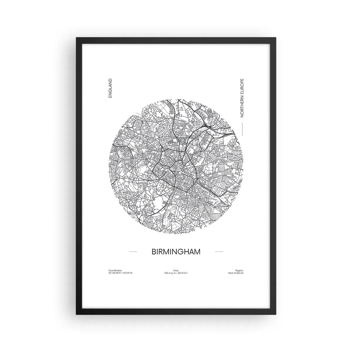 Poszter fehér keretben - Birmingham minimalista fekete-fehér térképe - 50x70cm - Birmingham anatómiája - Modern fali dekoráció nappalihoz és hálószobához ARTTOR