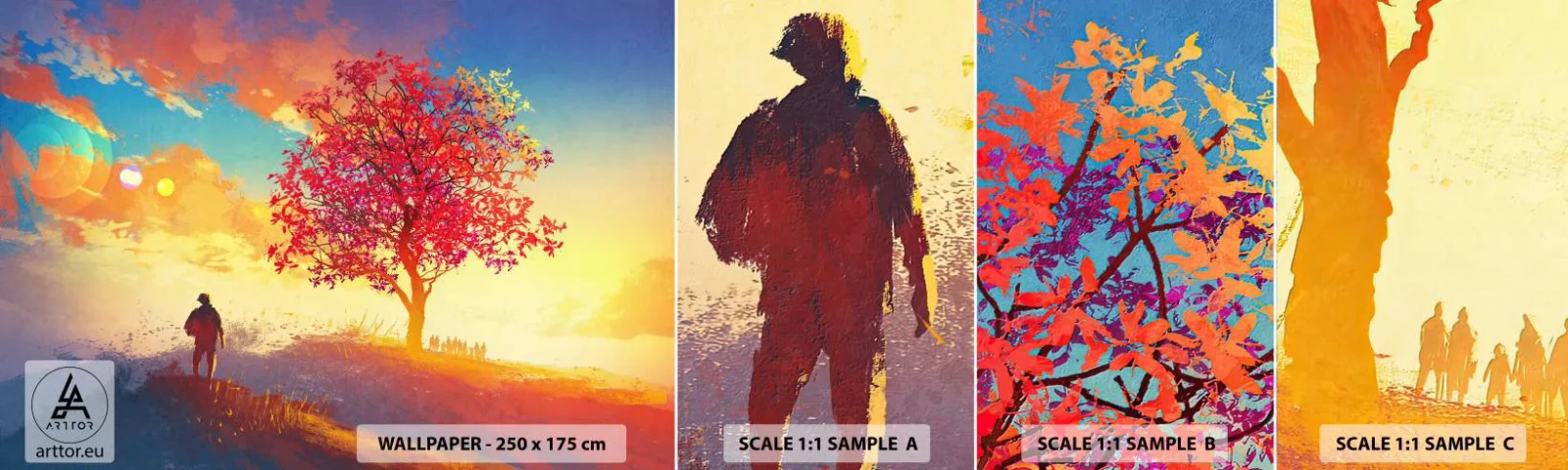 Fotótapéta Minta Standard Eco - Zarándok a célállomáson - Tájkép, Fa, Vándor - 100x30 cm