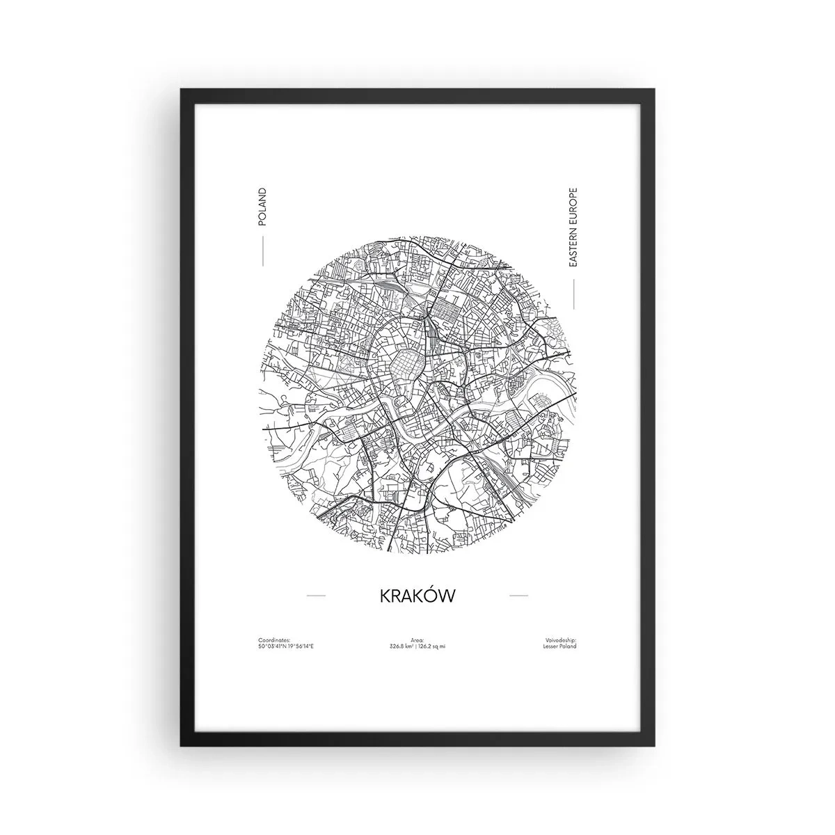Poszter fehér keretben - Krakkó minimalista térképe körben - 50x70cm - Krakkó anatómiája - Modern fali dekoráció nappalihoz és hálószobához ARTTOR