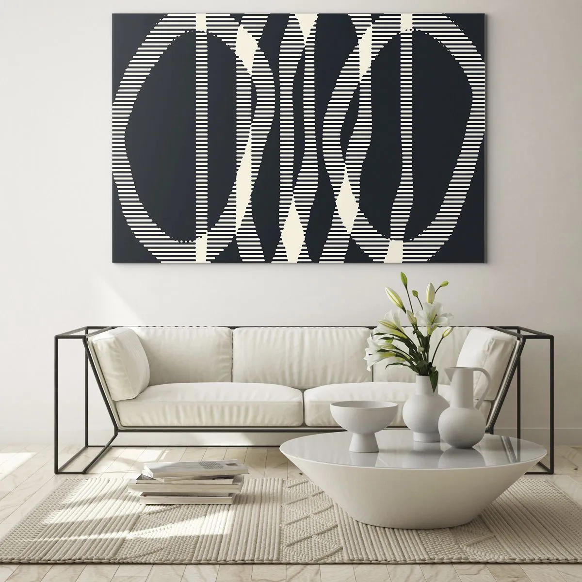 Üveg kép - Geometrikus vonalak fekete és bézs árnyalatokban - 70x50cm - Sötétség megtörése kísérlete - Modern fali dekoráció nappalihoz és hálószobához ARTTOR