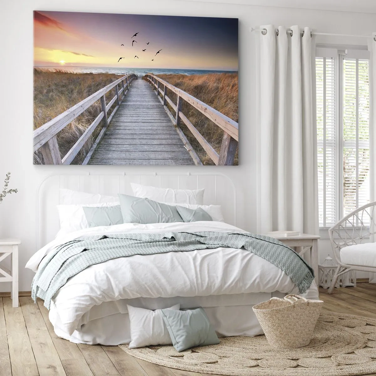 Vászonkép - Fából készült móló vezet a strandra naplementekor - 70x50cm - Repülési tér - Modern fali dekoráció nappalihoz és hálószobához ARTTOR