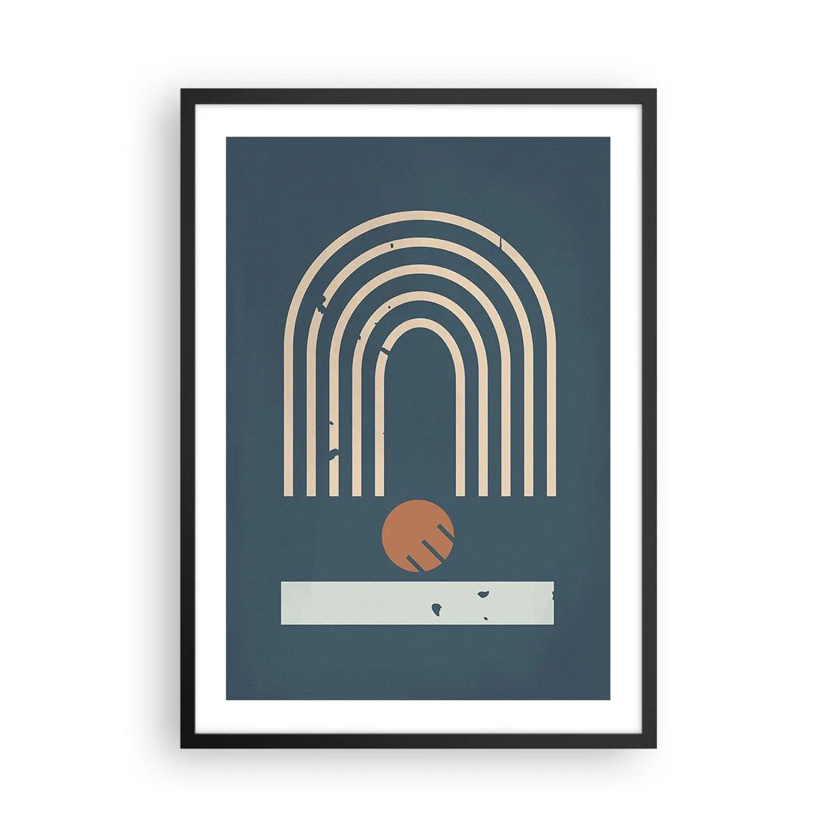 Poszter fehér keretben - Geometriai ívek és egy gömb sötét háttér előtt - 50x70cm - Geometria sötétkék háttéren - Modern fali dekoráció nappalihoz és hálószobához ARTTOR