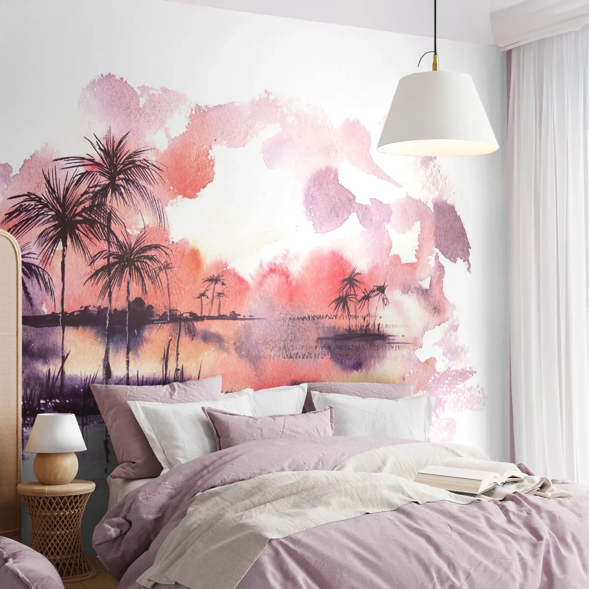 Fotótapéta Premium Sand - A trópusok nyugalma vörösben - Tájkép, Kókuszpálma, Grafika - 450x315 cm