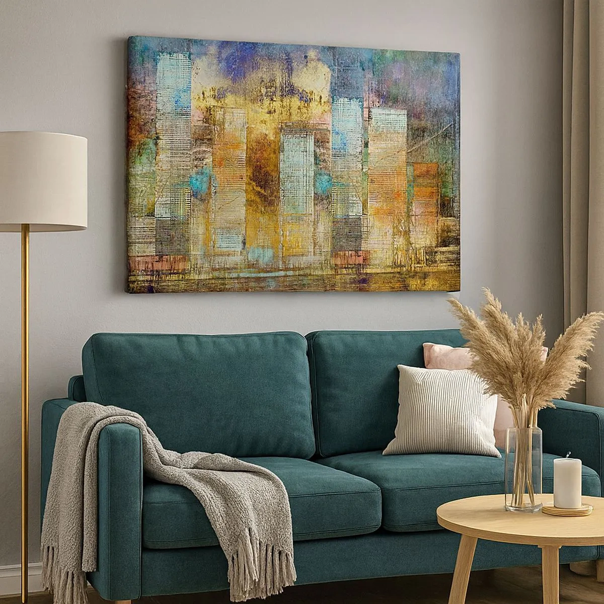 Vászonkép - Absztrakt felhőkarcolók ipari stílusban - 70x50cm - Napfényes metropolisz - Modern fali dekoráció nappalihoz és hálószobához ARTTOR