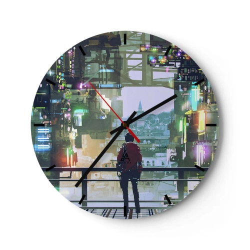 Falióra, Óra - Egy alak egy futurisztikus városban neonfényekkel és a háttérben egy látképpel - 30x30cm - Két világ - Modern fali dekoráció nappalihoz, konyhához és hálószobához ARTTOR