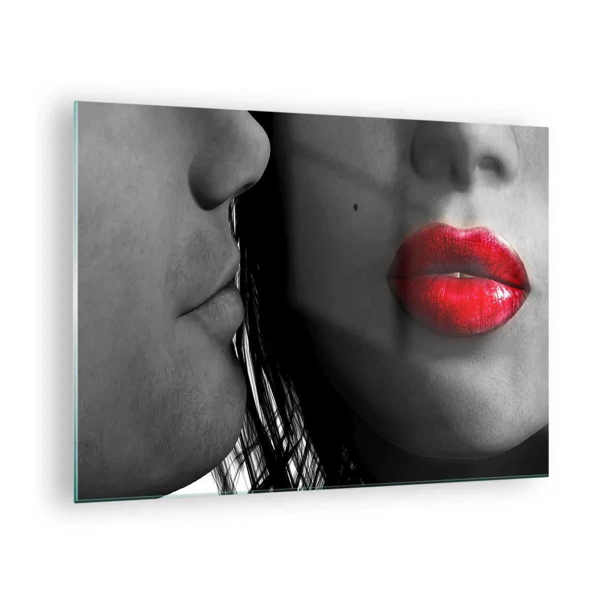 Üveg kép - Érzéki ajkak kontrasztos felvételen - 70x50cm - Szemtől szembe  - Modern fali dekoráció nappalihoz és hálószobához ARTTOR