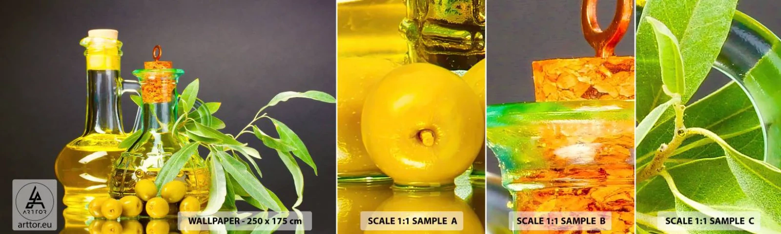 Fotótapéta Minta Standard Eco - Csendélet olívabogyóval és olívaolajjal - Gasztronómia, Olajbogyó, Olaj - 100x30 cm