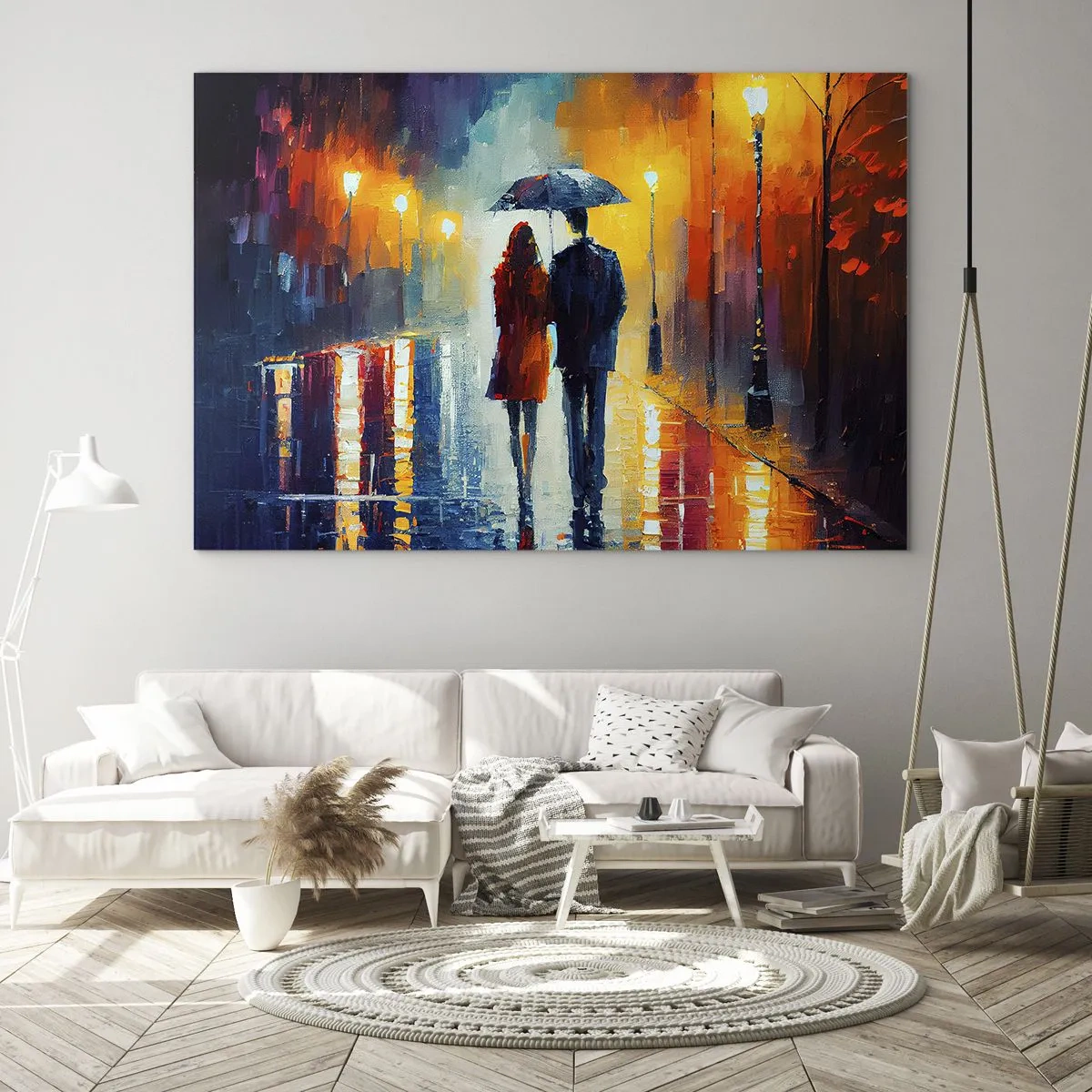 Üveg kép - Egy pár egy esernyő alatt egy színes éjszakai utcán az esőben. - 70x50cm - Együtt - egy színes éjszaka - Modern fali dekoráció nappalihoz és hálószobához ARTTOR