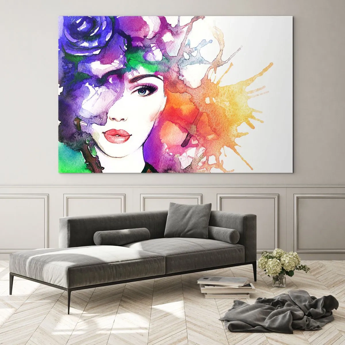 Üveg kép - Egy nő homályos, színes háttérrel akvarell stílusban - 70x50cm - Fejjel a felhőkben - Modern fali dekoráció nappalihoz és hálószobához ARTTOR