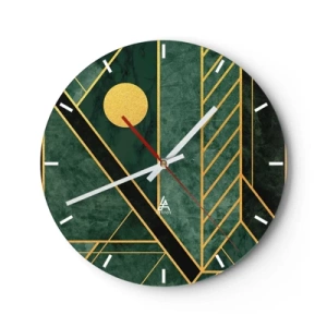 Falióra, Óra - Zöld háttér geometrikus arany vonalakkal és egy arany körrel - 30x30cm - Az arany és azúrkék dinamikája - Modern fali dekoráció nappalihoz, konyhához és hálószobához ARTTOR