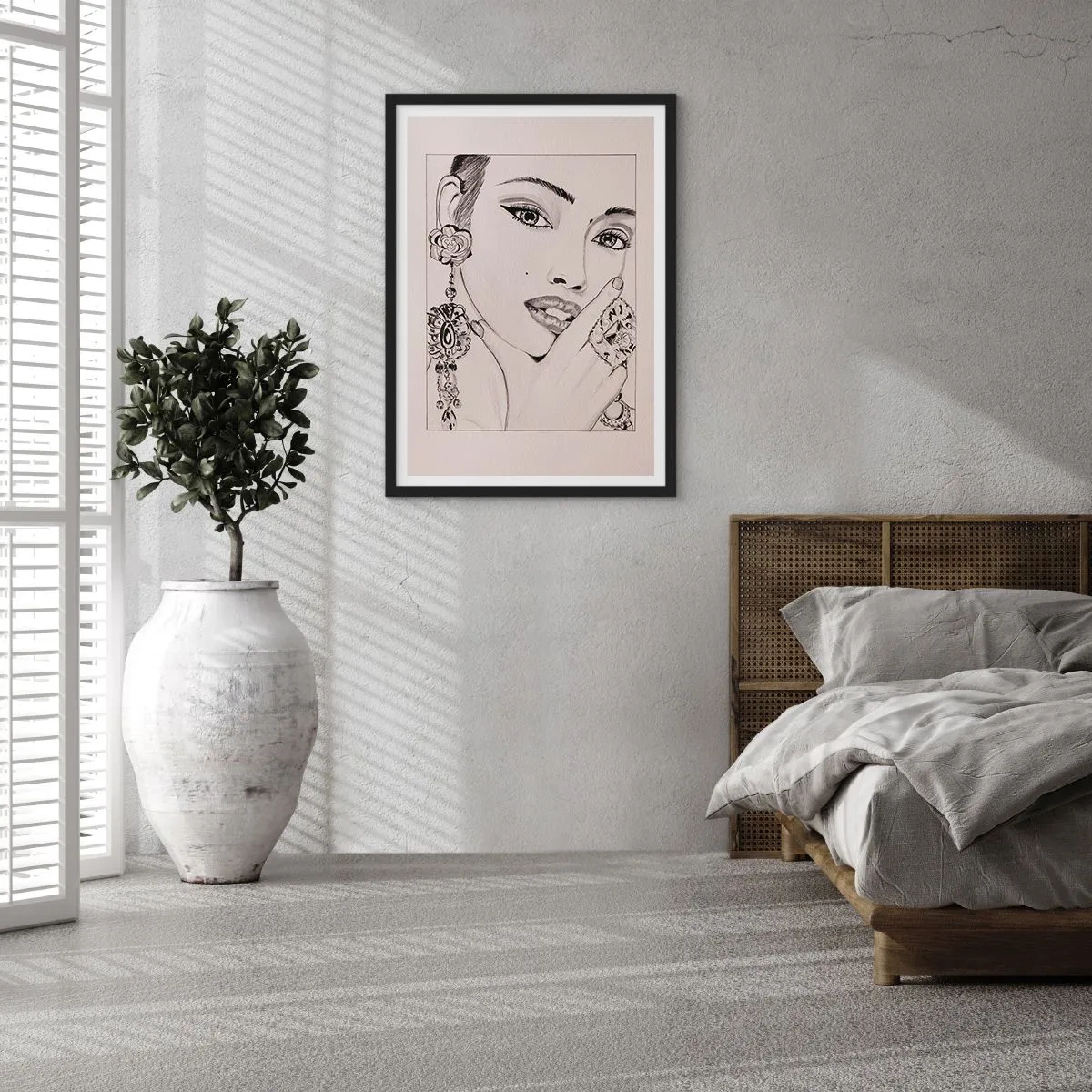 Poszter fehér keretben - Vázlat egy nőről, aki elbűvölő ékszereket visel - 50x70cm - A legszebb ékszer - Modern fali dekoráció nappalihoz és hálószobához ARTTOR