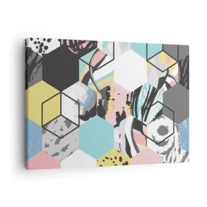 Vászonkép - Geometrikus hatszögminta színes absztrakt részletekkel - 70x50cm - Hatszögek és kockák hat színben - Modern fali dekoráció nappalihoz és hálószobához ARTTOR