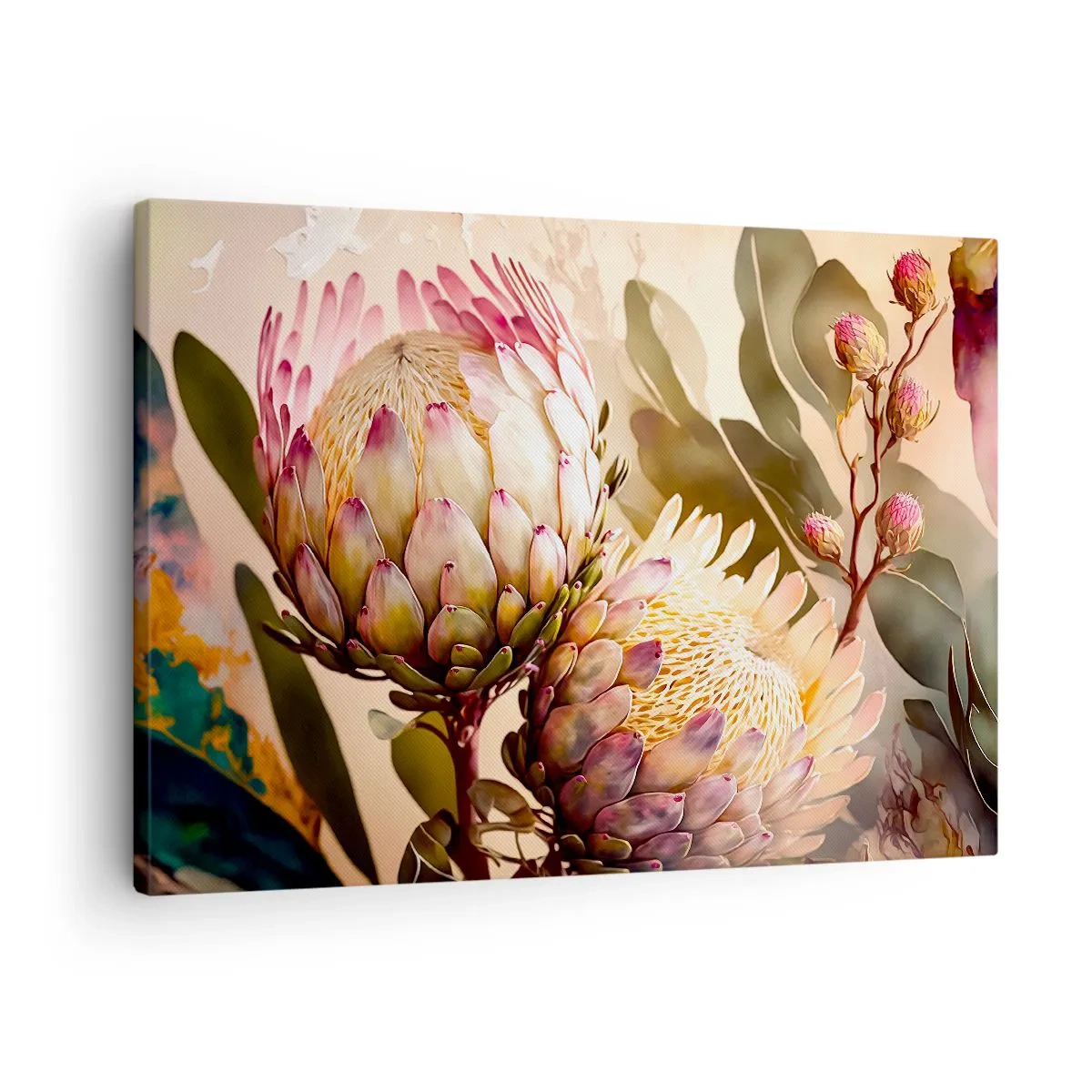 Vászonkép - Színes protea virágok finom háttéren - 70x50cm - Gyengéden átölelve - Modern fali dekoráció nappalihoz és hálószobához ARTTOR