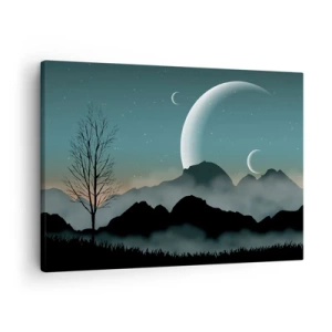 Vászonkép - Ködös hegyek a holddal és egy magányos fával - 70x50cm - Csillagos éj karneválja - Modern fali dekoráció nappalihoz és hálószobához ARTTOR