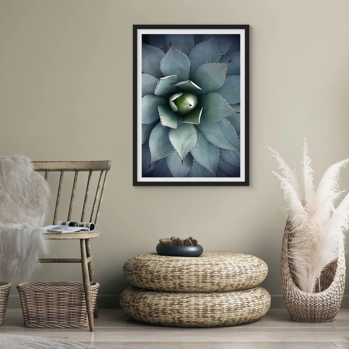 Poszter fehér keretben - Egy pozsgás növény szimmetrikus leveleinek közeli képe zöld árnyalatokban. - 50x70cm - Wabi és figyelmeztetés - Modern fali dekoráció nappalihoz és hálószobához ARTTOR