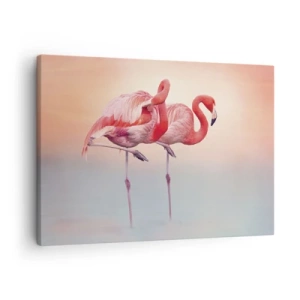 Vászonkép - Flamingók finom pasztell színekben, vízparti háttérrel - 70x50cm - A lenyugvó nap színe - Modern fali dekoráció nappalihoz és hálószobához ARTTOR