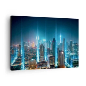 Vászonkép - Egy modern város éjszaka futurisztikus világítással. - 70x50cm - Mennyországba Berlini módszerrel - Modern fali dekoráció nappalihoz és hálószobához ARTTOR