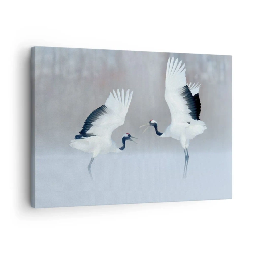 Vászonkép - Két daru táncol egy ködös tájban - 70x50cm - Tánc a ködben - Modern fali dekoráció nappalihoz és hálószobához ARTTOR