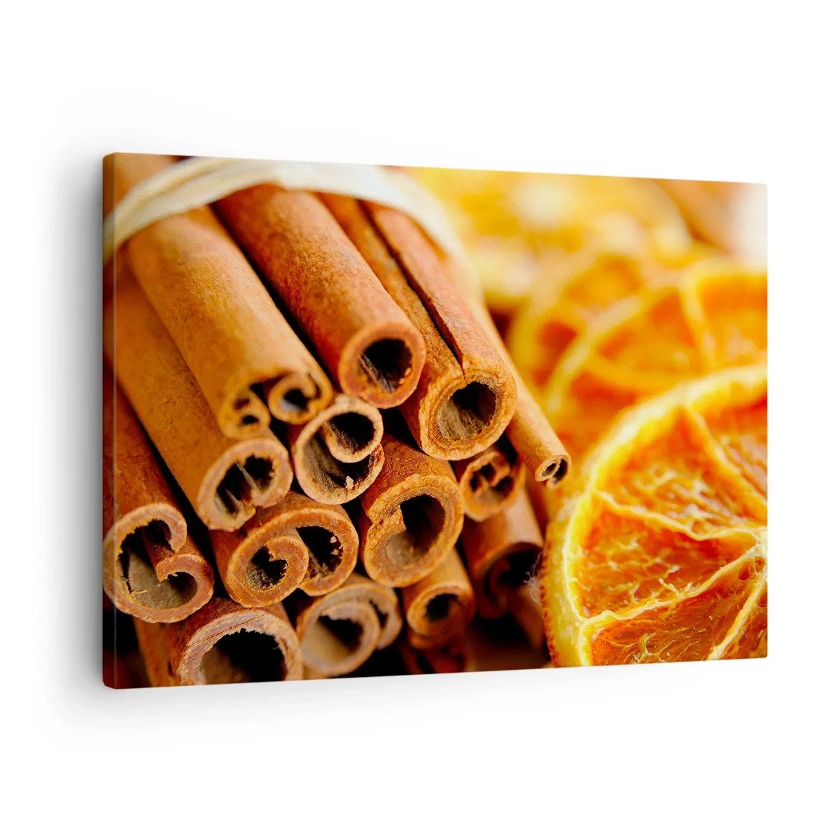 Vászonkép - Fahéjrudak meleg színű szárított narancsszeletekkel - 70x50cm - Érzed az aromát? - Modern fali dekoráció nappalihoz és hálószobához ARTTOR