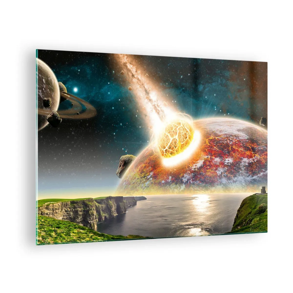 Üveg kép - Egy meteorit ütközik egy bolygóval az űrben. - 70x50cm - Kozmikus dráma - Modern fali dekoráció nappalihoz és hálószobához ARTTOR
